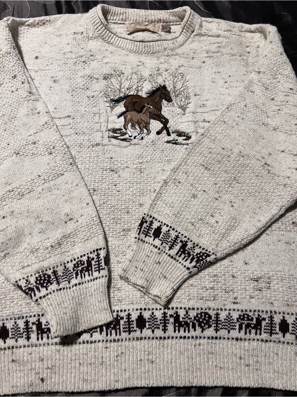 VTG Shenandoah Horse Crewneck Textured Cotton Sweater Embroidered Mare Foal XL